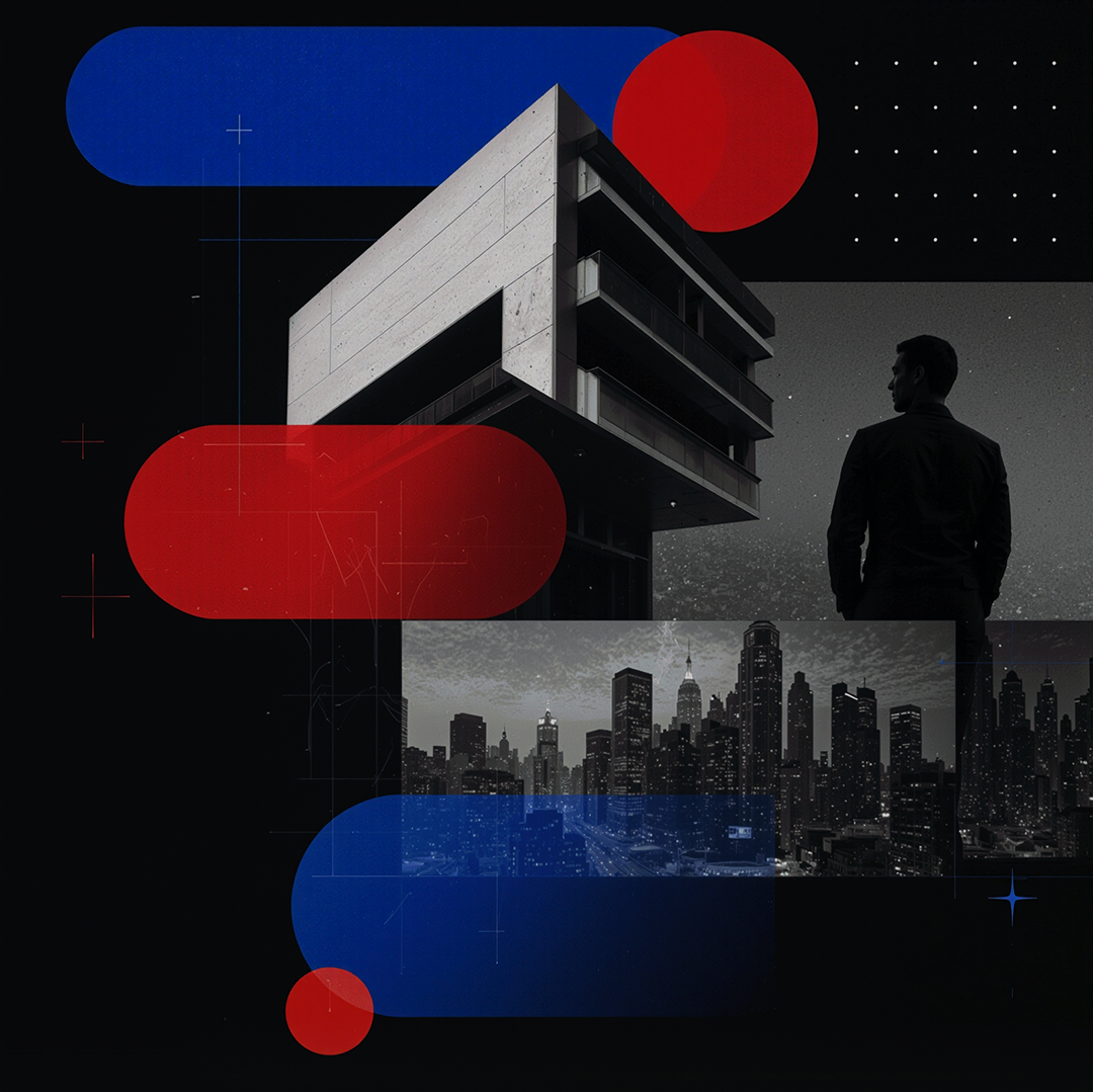 Colagem visual — arquitetura e mercado imobiliário